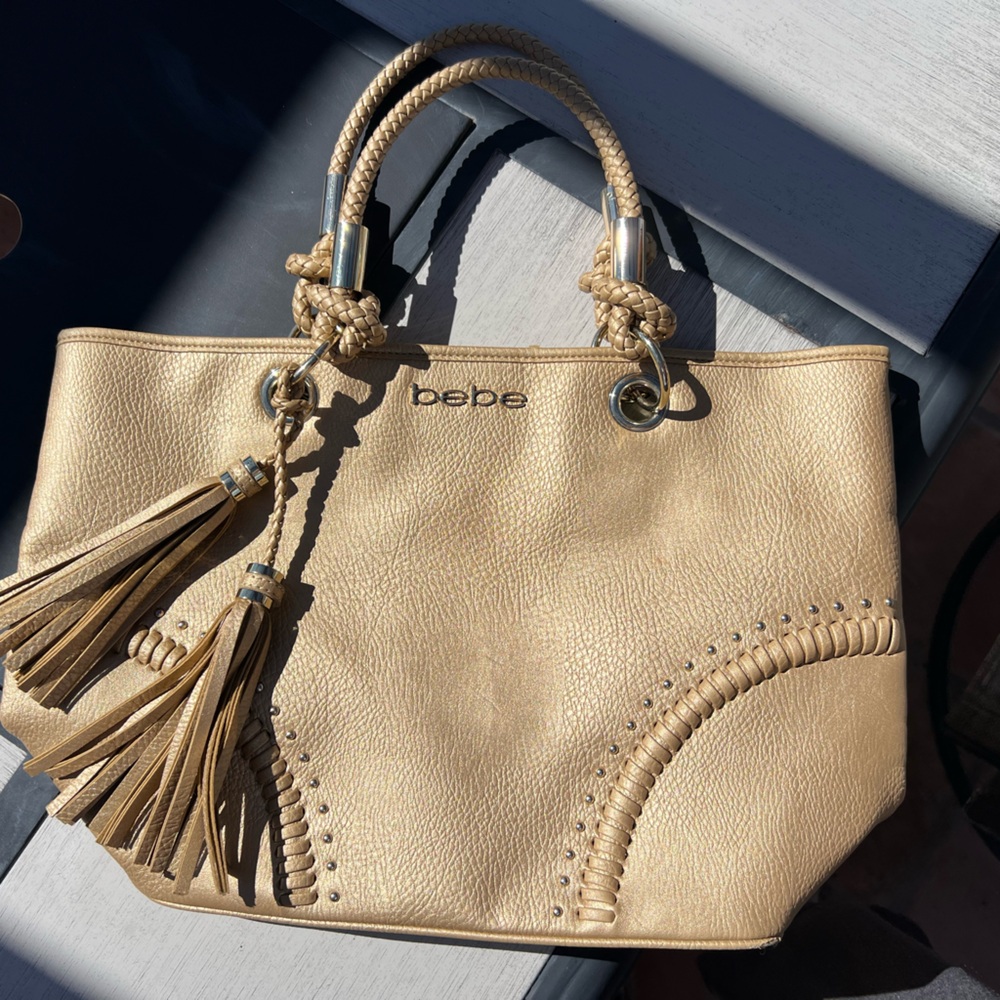 Bebe Metallic Gold Shoulder Bag with tassels